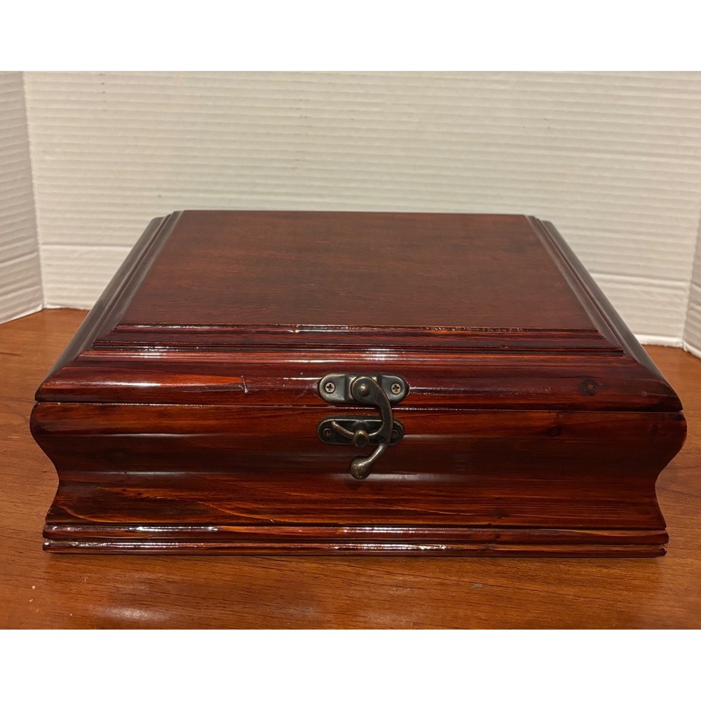 Vintage Wooden Keepsake Jewelry Box Cherry Finish Velvet Lined Brass Latch 11.5"